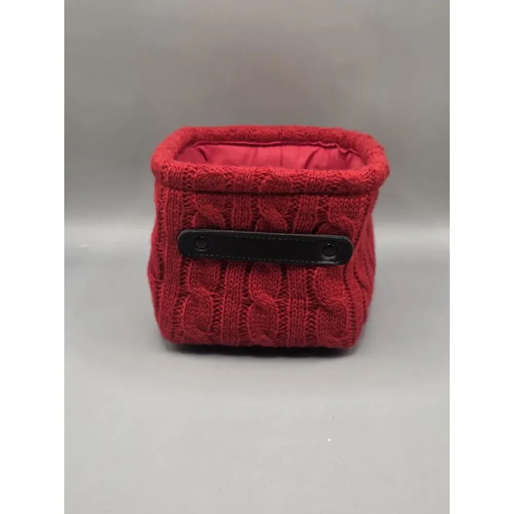 Target Threshold Holiday Red Cable Knit Storage Basket Faux Leather Handle Small